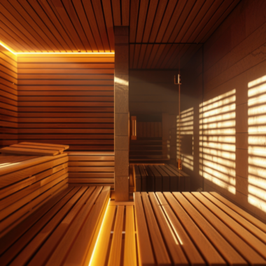 The Secret High Performance Lab, Sauna with recessed lighting and sunlight peeking through cedar slats.